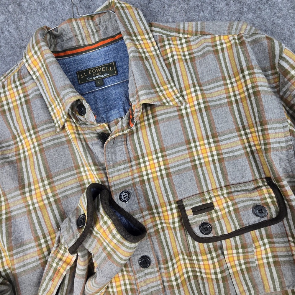J.L. Powell Shirt Mens Large Grey Yellow Plaid Cotton Wool Blend Button Down